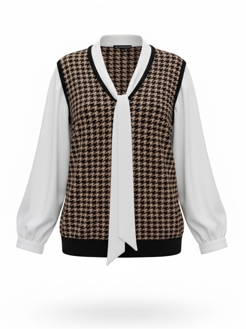 ADRIANNA PAPELL Brown Black Houndstooth Sweater Vest White Tie Blouse Medium